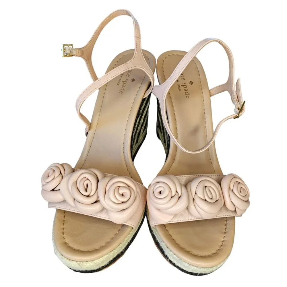 Kate Spade Jill Pink Puff Leather‎ Rosette Black White Woven Raffia Wedges Sz 10